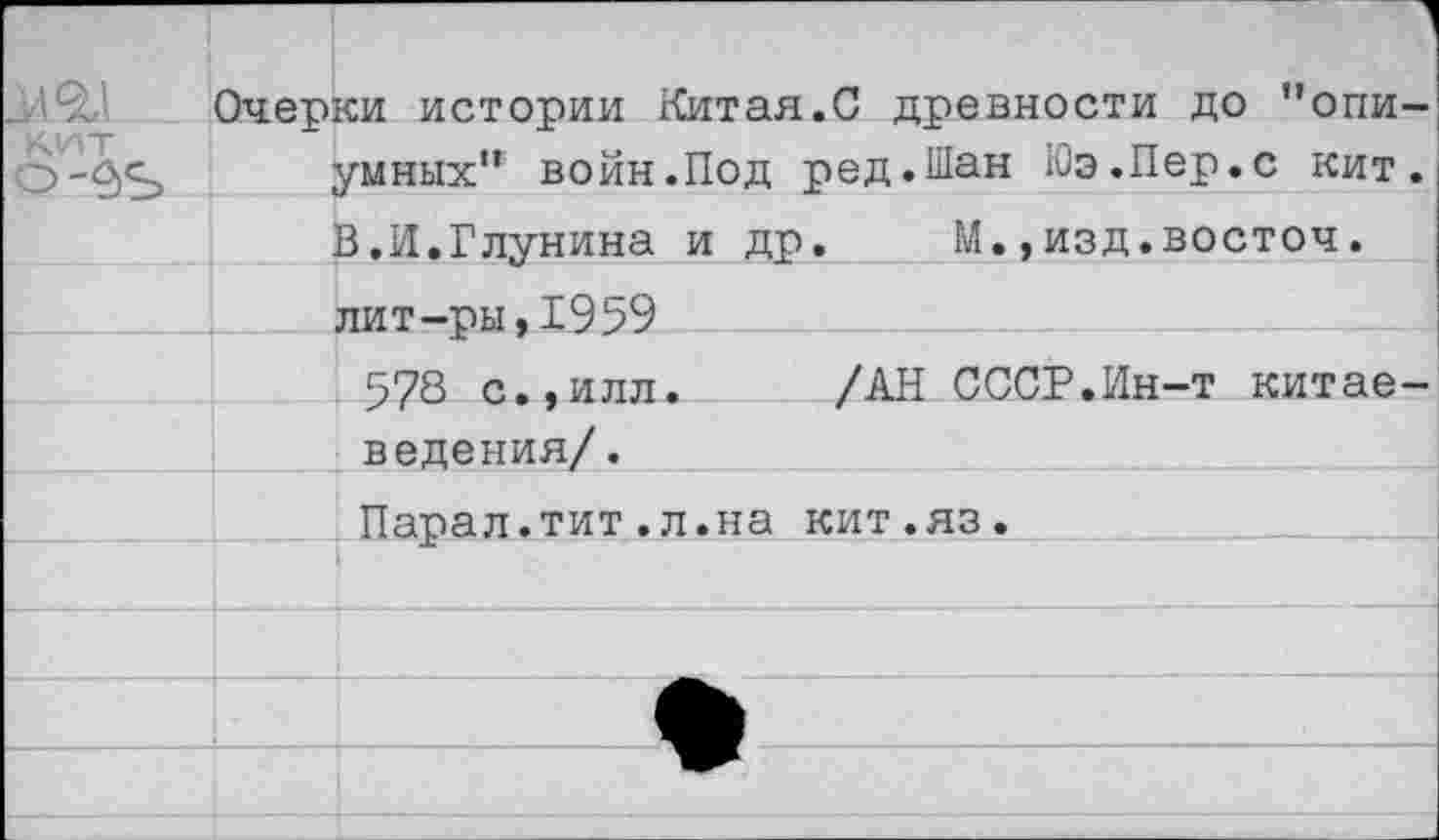 ﻿	Очерки истории Китая.С древности до '’опиумных” войн.Под ред.Шан Юэ.Пер.с кит.
'Ант о-9Ъ	
	В.И.Глунина и др.	М.,изд.восточ.
	лит-ры,1959
	578 с.,илл.	/АН СССР.Ин-т китае-
	ведения/.
	Парал.тит.л.на кит.яз.
	
	